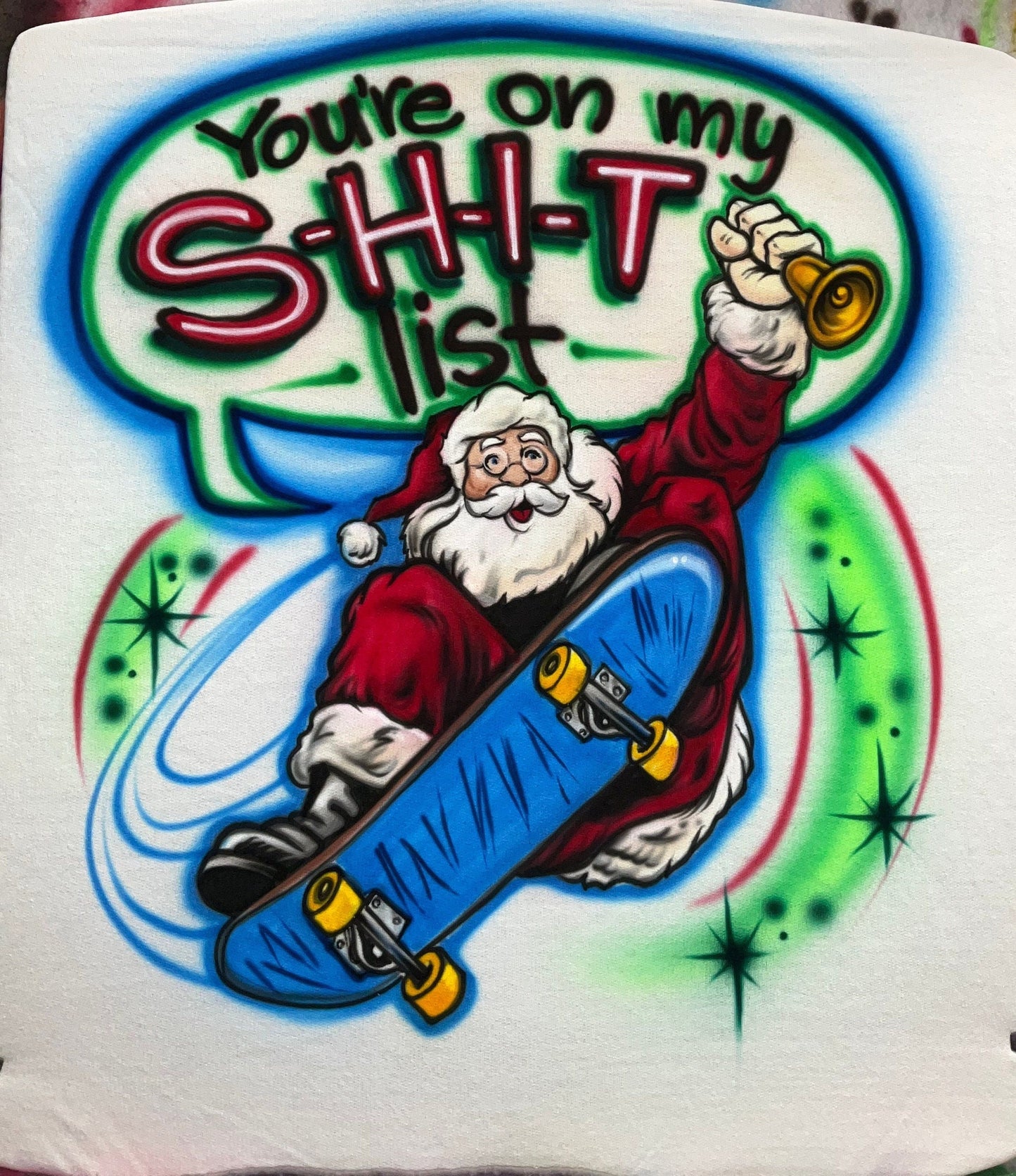 Airbrush T-shirt - Christmas - Santa - Skateboard - List
