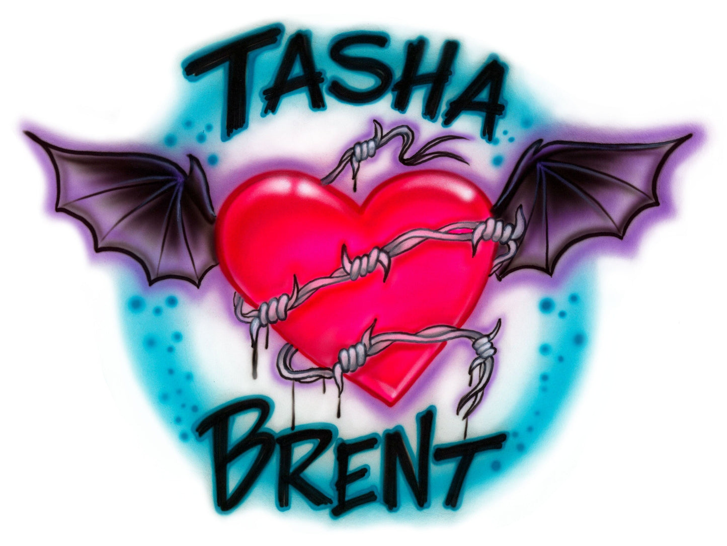 Airbrush T-shirt * Heart with Bat Wings * Barbed Wire * Couple
