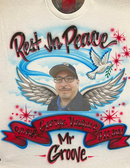Airbrush & Photo transfer T-shirt - RIP - You choose name/dates - Memorial - Grief - Mourn