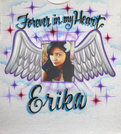 Airbrush & Photo transfer T-shirt - RIP - Memorial - Wings - Forever in my Heart