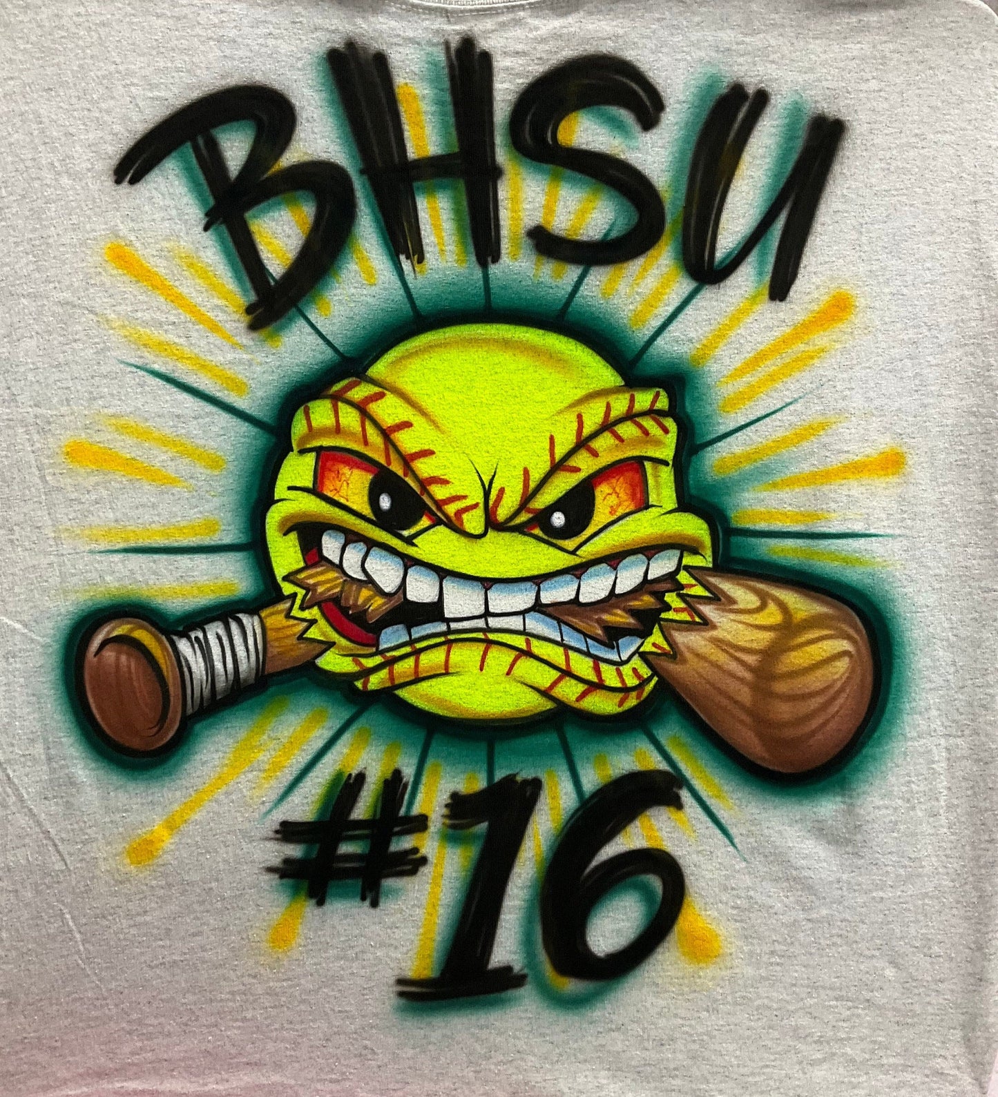 Airbrush  T-shirt -  Name - Baseball - Softball - Bat - Crunching - Personalize
