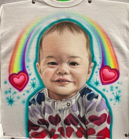 Airbrush T-shirt - Baby Portrait - Hearts - Rainbow