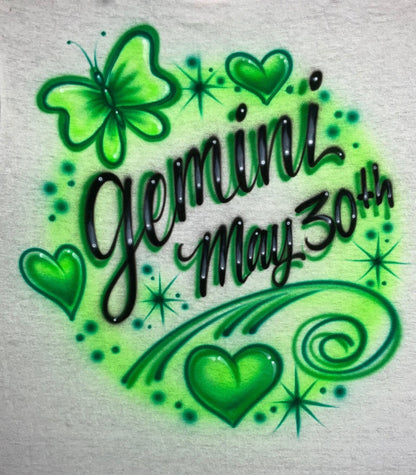 Airbrush T-shirt with the word Gemini and a birth date - a butterfly and 3 hearts